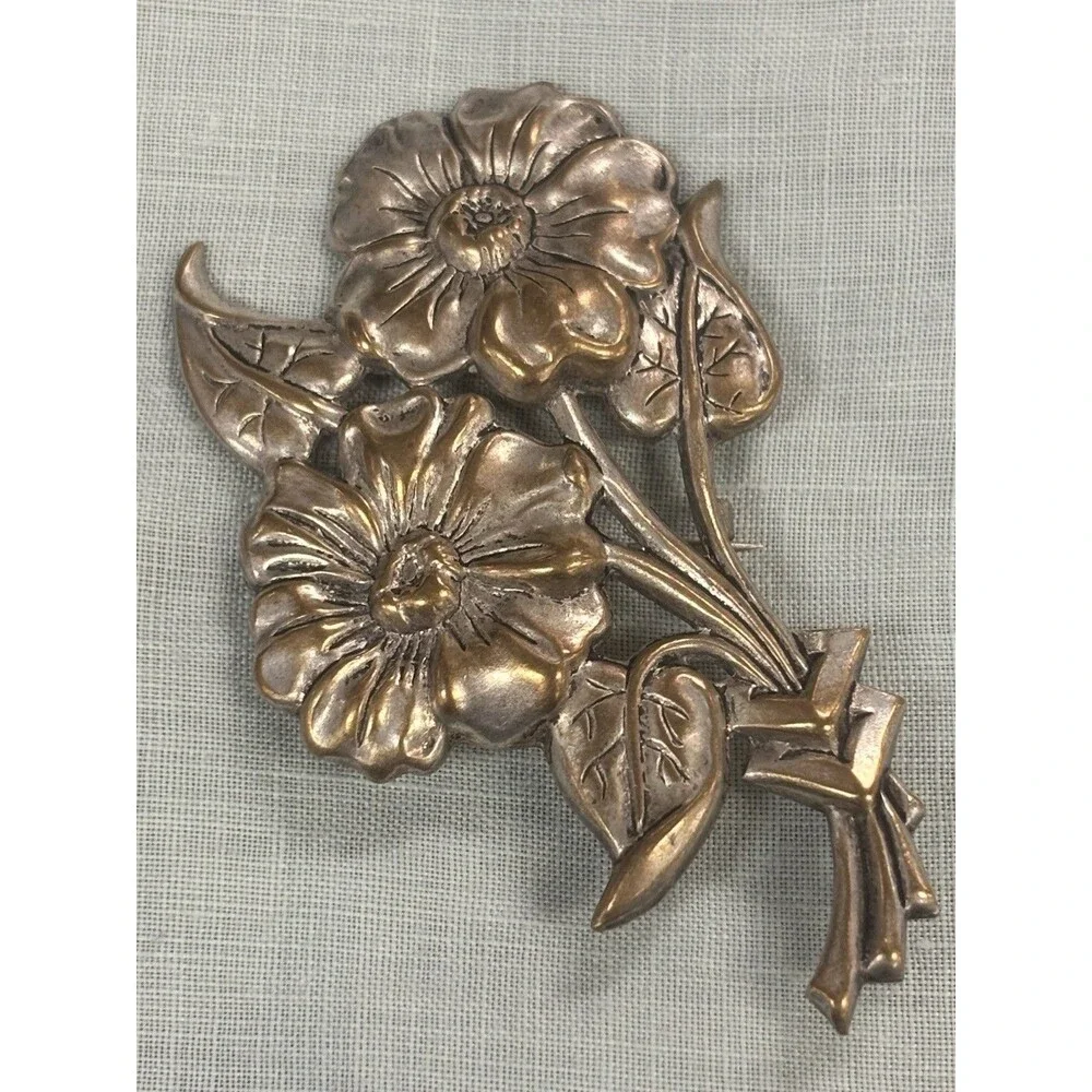 Vintage Floral Brooch Silver Tone Flower Spray Pin C Clasp Large Statement